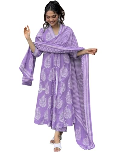 Image of PARTHVI Women's Rayon Blend Anarkali Printed Kurta with Pant & Dupatta & Dupatta