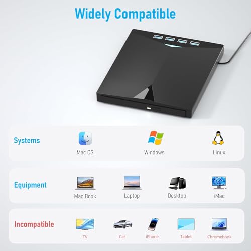 Image of External CD DVD Drive Player, USB 3.0 USB-C Portable CD DVD + /-RW Disk Drive Burner CD-ROM Reader Writer for Laptop Desktop PC (DVD Writer - XD010)
