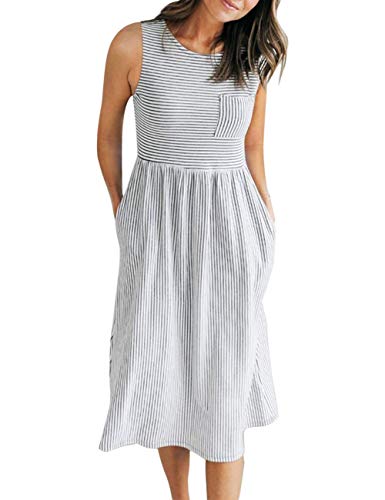 MEROKEETY Women s Sleeveless Striped High Waist T Shirt Midi Dress with Pockets
