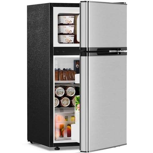 Antarctic Star Compact Refrigerator with Freezer,2 Door Mini Fridge,Adjustable Shelf,Adjustable Thermostat,for Bedroom,Office,Dorm,Kitchen,3.2 Cu.Ft.Silver