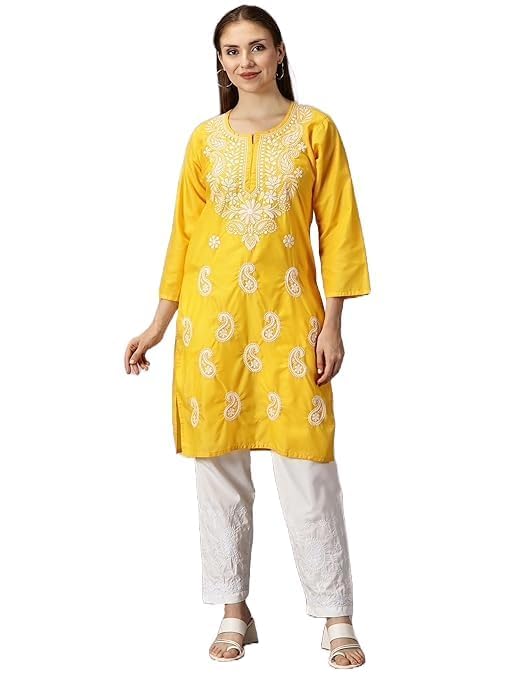 Image of FCH, Fashionable Chikan Handikraft Women's Cotton Lucknowi Chikankari Printed Straight Kurta for Regular Wear Girls Flared Kurta