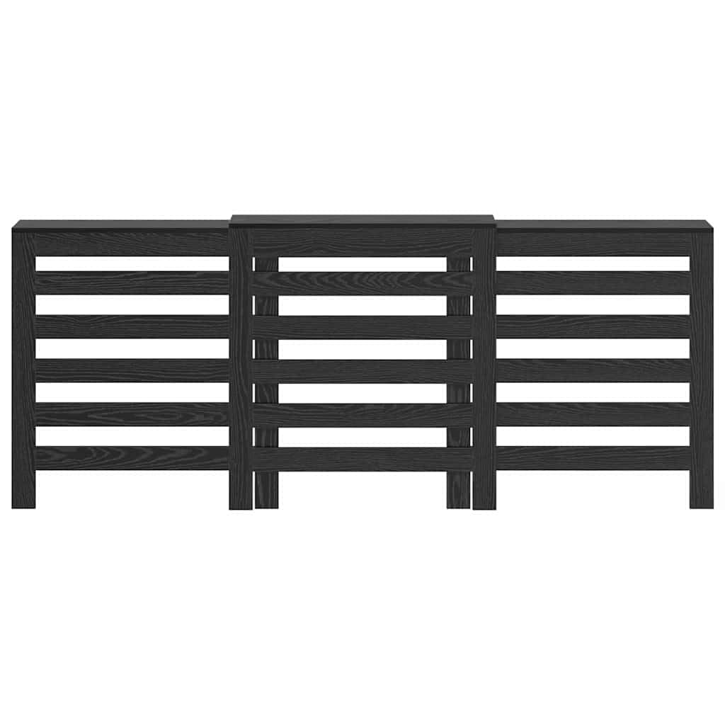 Heizkörperabdeckung Schwarz Eichen-Optik aus Holzwerkstoff 205 x 21,5 x 83,5 cm, mit Regalfach und vertikalen Latten für effizienten Wärmefluss im Wohnzimmer