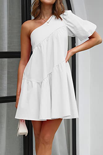 Image of KIRUNDO Summer One Shoulder Mini Baby Doll Dresses Women 2026 Casual Puff Sleeve Loose Tiered A Line Flowy Short Dress