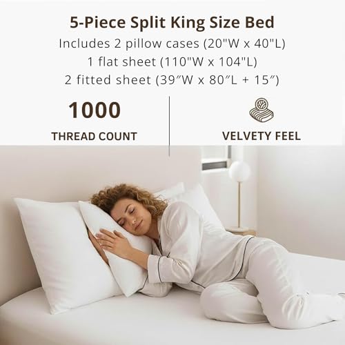 Image of Split King Sheets for Adjustable Beds, 1000 Thread Count 100% Cotton 5-Piece Bed Sheet Set, 15-Inch Deep Pocket, Soft Breathable Cooling Sateen Hotel Bedding, Light Grey