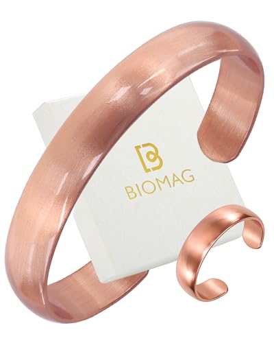 BioMag Set Bracelet et Bague en Cuivre Pur – 100% Massif – Martelé Main Tibétain – Pour Hommes & Femmes (Huile brillante)