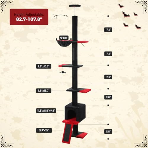 PETEPELA Floor to Ceiling Cat Tree, Gothic Cat Tower 5 Tiers Tall (83-108 Inches) Adjustable Height, Cats Climbing Tree Featuring with Condo, Scratching Post