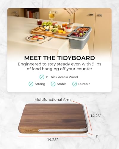 Tabla de Cortar para Preparación de Comidas TidyBoard con Contenedores - Tabla de Madera de Acacia con Contenedores y Tapas de Silicona - Estación para Preparación de Comidas - Tabla de Cortar para Colocar sobre el Fregadero (Pack Base, Gris) miniatura 3