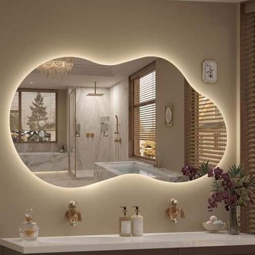 Image of Irregular LED Mirror with Lights 40x24 Inch Backlit Asymmetrical Bathroom Mirrors for Wall Cloud Lighted Vanity Mirrors Shatterproof, Anti-Fog, Dimmable, 3 Colors (Horizontal /Vertical)