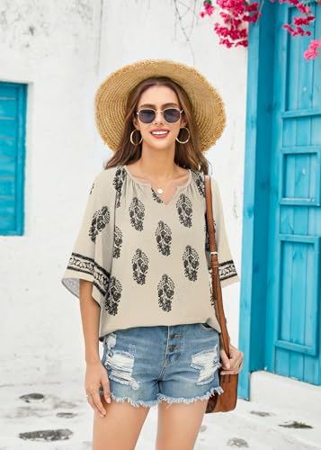 GUNEST Womens 3/4 Sleeve V Neck Bohemian Blouses Boho Loose Fit Tunic Tops — view 2