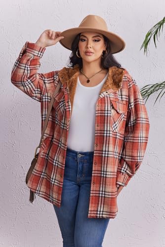 IN'VOLAND Plus Size Women Flannel Plaid Shacket Jacket Long Sleeve Button Down Fleece Hooded Jackets Fall Winter Coat4
