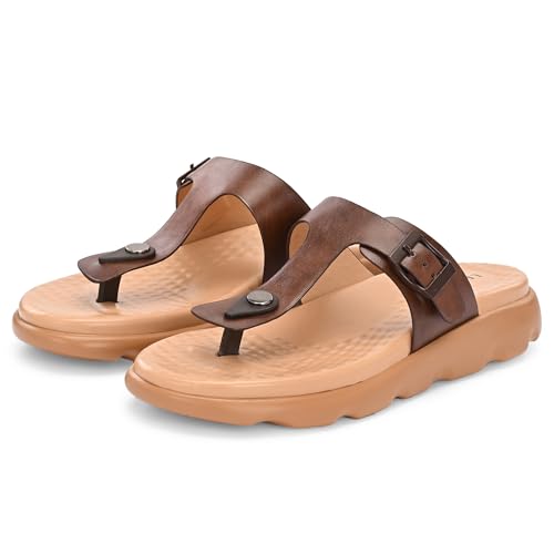 Image of Legwork Women's Orthopaedic T-Strap Thong Sandal | Acupressure Massage Footbed | EVA Cushioned Platform Sole | Doctor Arch Support | Adjustable Buckle Strap | Diabetic Friendly Flat Sandals for Women | UK 3-8 | Brown, Tan, Pink