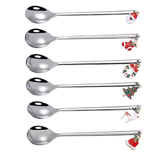 Christmas Spoon Set Stainless Steel Coffee Teaspoons Dessert Mixing Stirrer Kitchen Tableware 6PCS Silver Christmas Teaspoons Stainless Steel Spoon Christmas Coffee Spoon