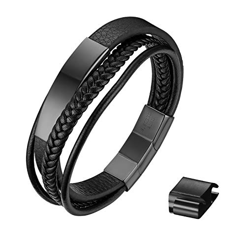 JewelryWe Pulsera Cuero Personalizada Hombre: Pulseras Negro de Cuero Trenzado Multicapa Grabable de Moda Cierre Magnético de Acero Inoxidable Antialérgico - Para Ocio Uso Diario Regalo