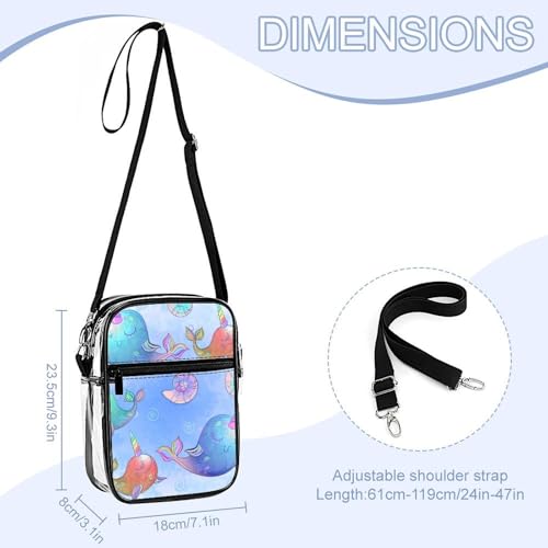 Watercolor Cute Unicorns Whales Clear Crossbody Bag Stadium Bag Adjustable Side Shoulder Bags Messenger Bag with 2 Compartments2