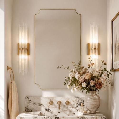 Image of TEHOME Gold Bathroom Mirrors, Brushed Brass Rectangle Scalloped Vanity Mirror for Bathroom,24x36''