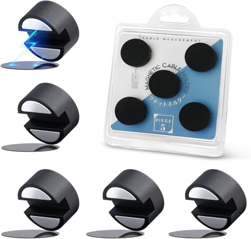 Maveek Cable Tidy Clips 5 Pcs Magnetic Cable Clips Wire Organiser Magnetic Cable Management Holder Clips With Self Adhesive Metal Plate for Desktop Office Home Car (Black)