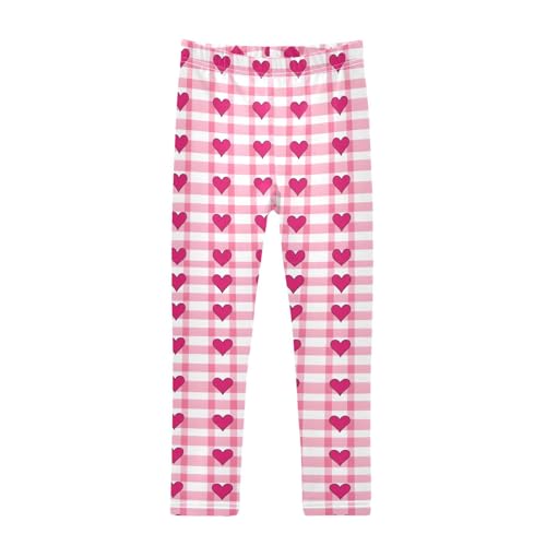 Love Heart Pink Checked Girls Leggings Ultra Soft Compression Yoga Gym Pants for Kids 4-10T
