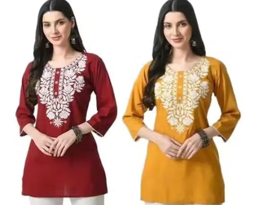 nascow Women Straight Kurta, Viscose Rayon, Chikankari Embroidered, 3/4 Sleeve, Casual Kurti Tops, Pack of 2-picture-19