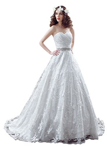 Beauty-Emily Maxi Long Lace Rhinestone Bowknot Back A-Line Sleeveless Tube Sweetheart Neckline Strapless Chapel Train Band Wedding Party Gowns Color White,Size 16