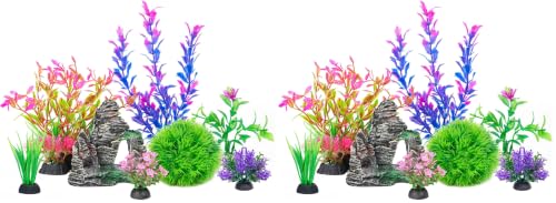 Image of Ameliade Aquarium Artificial Plastic Plants Decorations and Rock Cave Decor Set Goldfish Betta Fish Tank Accessories Small Large Fish Bowl Ornaments (Pack of 2)