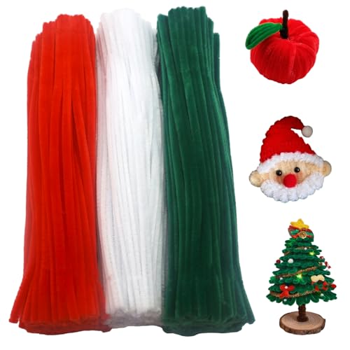 Swpohrat 300 Pieces Pipe Cleaner Craft Set Christmas Colors Thick Fuzzy Chenille Stem Pipe Cleaners for DIY Craft Flower Projects Holiday Decorations(Red Dark Green White)