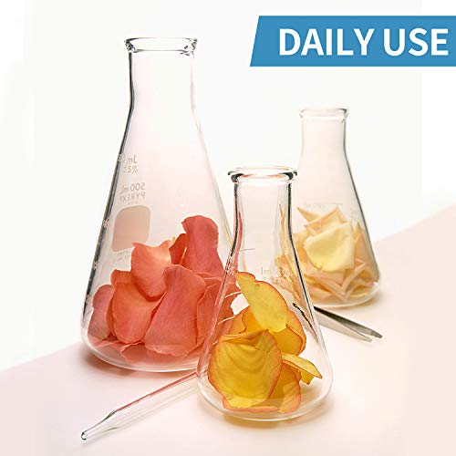 Glass Erlenmeyer Flask Set, (250 ml, 150 ml & 50 ml) Graduated Borosilicate Glass Erlenmeyer Flasks with Rubber Stoppers & Accurate Scales for Lab, Experiment, Chemistry, Science Studies etc
