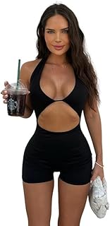 Women's Cut Out Sleeveless Halter Bodycon Romper Backless Unitard Short Yoga Jumpsuit