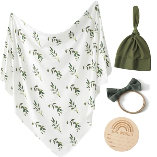 Image of Little Jump stretchy baby Swaddle Blanket and Hat Bow Set, Olive Branches Jersey Cotton Receiving Blanket, newborn hospital outfit for Boys (Green)