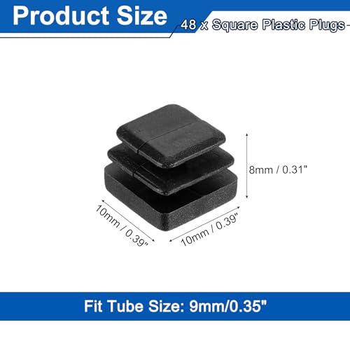 Image of uxcell 48Pcs Square Plastic Plugs, 10 x 10mm /0.39 x 0.39inch PE Pipe Tubing End Caps for 9mm /0.35inch Square Tube Furniture Chair Leg, Black