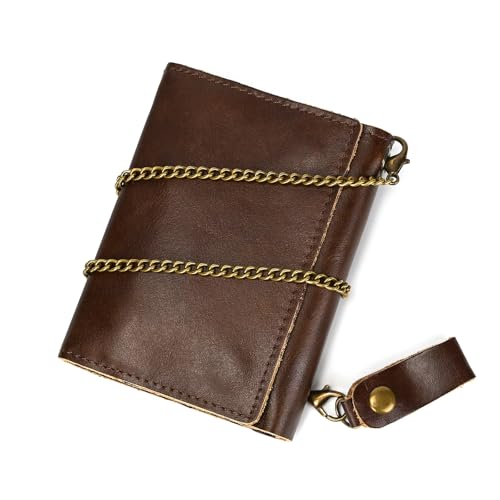 Men's Genuine Leather Short Wallet Trifold Anti-Theft Chain Purse with ID Window Zipper Pocket for Coin Cash Card, Coffee