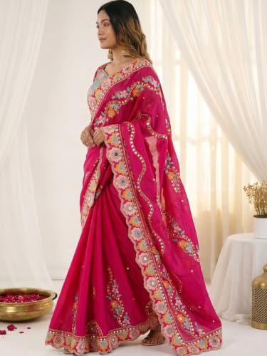 Image of AKHILAM Women's Pure Georgette Embroidered Saree With Unstitched Blouse Piece