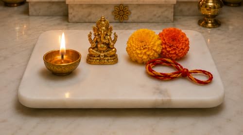 Image of White Marble Pooja Chowki for Mandir Temple, Home Decor - God Idols, Diya Placing - 7x5 Inch (Rectangle)