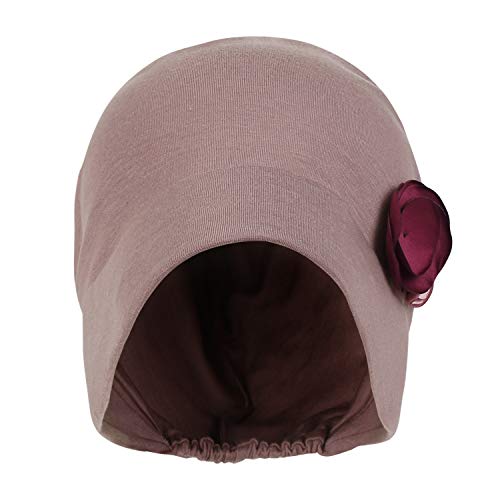 Ililily Tencel Lyocell Flower Trim Beanie Soft Touch Stretchable Classic Hat, Deep Rose Pink #TOP2