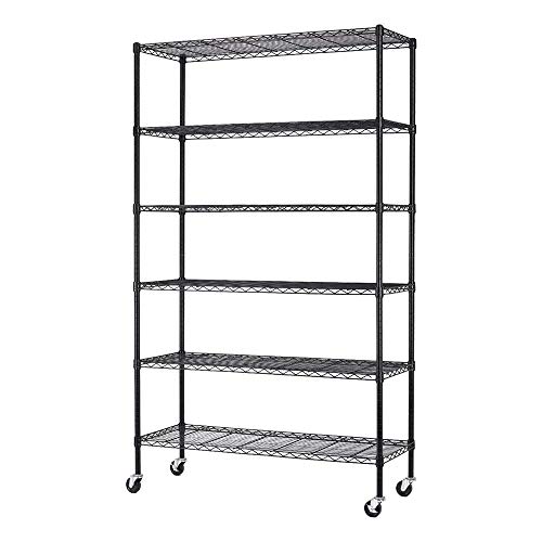 Storage Metal Shelves Wire Shelf Organizer 6 Tier Wire Shelving Unit Heavy Duty Height Adjustable NSF Shelving Commercial Rolling Steel Rack 2100 LBS Capacity with Wheels 82x48x18,Black