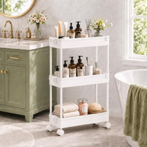 SPACEKEEPER Slim Rolling Storage Cart, 3 Tier Bathroom Cart Organizer,White