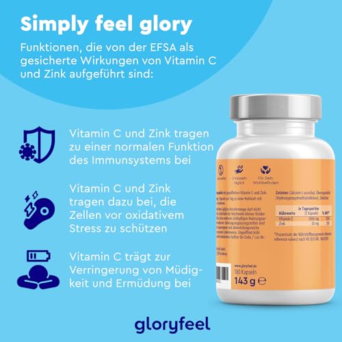Vitamin C Hochdosiert 1000mg + Zink 20mg - 180 Kapseln - Pflanzlich fermentiert & gepuffert (pH-neutral, säurefrei, magenschonend) - Laborgeprüft, vegan ohne Zusätze hergestellt