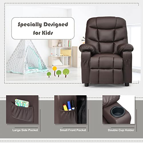 Kid Recliner Chair With Cup Holder, Adjustable Leather Lounge Chair With Footrest, Side Pockets For Living Room (Brown) #TOP4