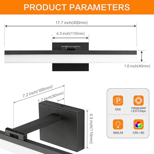 Image of SOLFART 18Inch LED Vanity Light Bathroom Light Fixtures Over Mirror Black Vanity Lights for Bathroom Modern Lighting Fixture ND