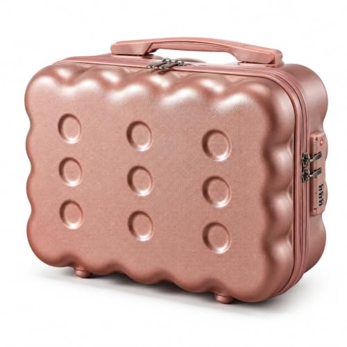 Image of BLUE BEADS Travel Makeup Case with Lock & Luggage Strap, ABS Hard Shell Cosmetic Vanity Case, Portable Makeup Organizer for Women, Beauty Storage Box for Makeup & Toiletries (Rose Gold, Model 2)