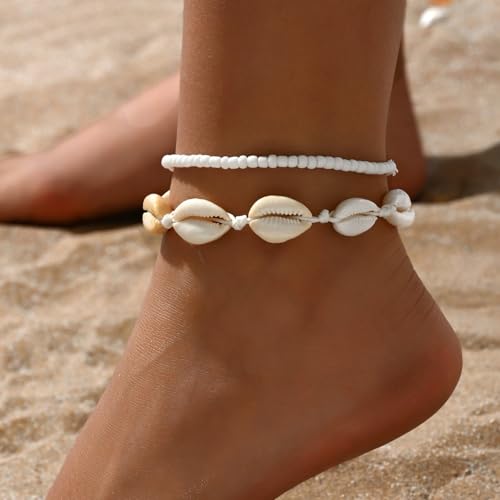 Image of Qceasiy Bead Ankle Bracelets Set For Women, Adjustable Gold Plated Boho Shell Anklet, Hawaiian Beach Seashell Pearl Disc Starfish Conch Foot Jewelry, Summer Fashion Gifts