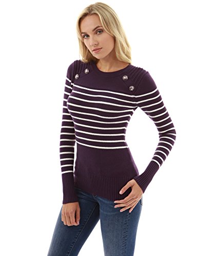 PattyBoutik Women Crewneck Striped Military Sweater (Dark Purple and Ivory Large) - Thumbnail 2