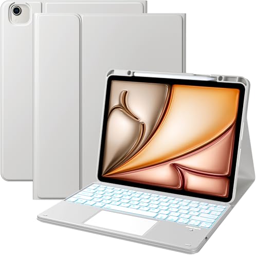 Vobafe Case with Keyboard for iPad Air 13 Inch 2026 M4/2025 M3/2024 M2 iPad Pro 12.9 (3.4.5.6.G) QWERTY Keyboard Multi-Touch Trackpad 7-Color Backlight Easy to Clean with Pencil Holder LightGrey