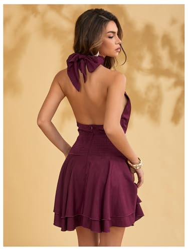Image of Floerns Women's Summer Mini Dress Sleeveless Halter Backless Ruched Date Night Layered A Line Dresses