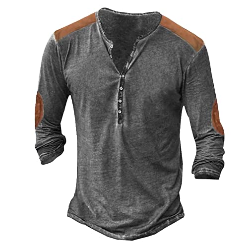 Mymyguoe Henley Shirt Herren Langarm Button Down Piratenhemd Vintage Langarmshirts Hawaiihemd Stehkragen V Neck Oberteil Tshirt Freizeithemd Mode Sweatshirt Sport T Shirts Henley hemd, gris, 3XL