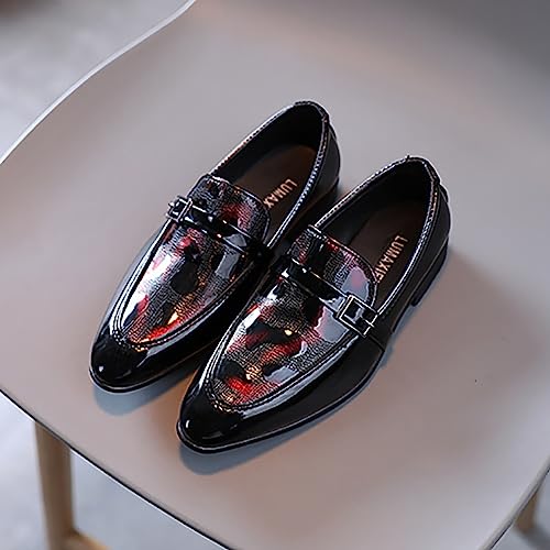 XinYiQu Sapato social casual Oxford clássico de couro sintético com cadarço para meninos, Preto, ver
