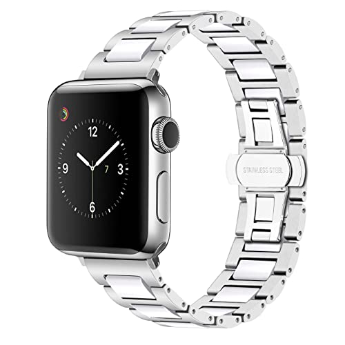 YISIWERA Silver Stainless Steel Watch Bands Strap White Ceramic Bracelet Compatible for Apple Watch...