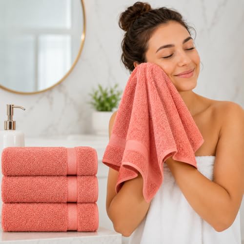 Image of Sulfar 100% Combed Cotton, Quick Drying Highly Absorbent, Luxury Hand Towel Set (Pack of 4, 40 X 70 cm) Coral Pink
