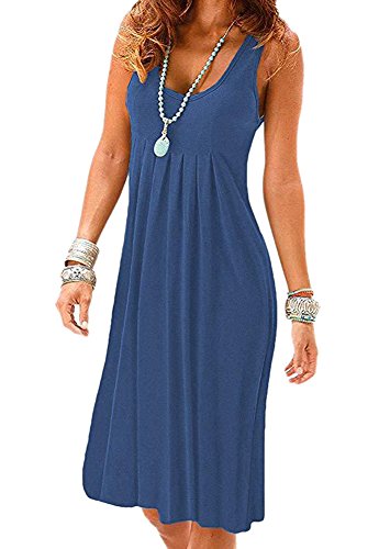 Image of Camisunny Women Casual Loose Tank Dresses Sleeveless Beach Vacation Dress Swing Pleated U Neck Fashion Soft
