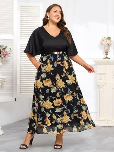 Plus Size Formal Dresses for Women - 2025 Spring Vintage Floral Maxi Dress with Belt and Pockets, Cocktail Dress Evening Gown2