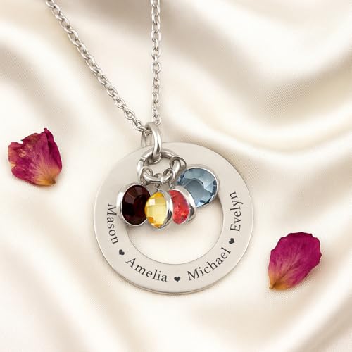 Custom Birthstone Necklace Personalized Necklaces with 1-6 Engraved Names & Birthstones for Mom Grandma Women Custom Family Jewelry Gifts for Christmas Birthday Mother's Day